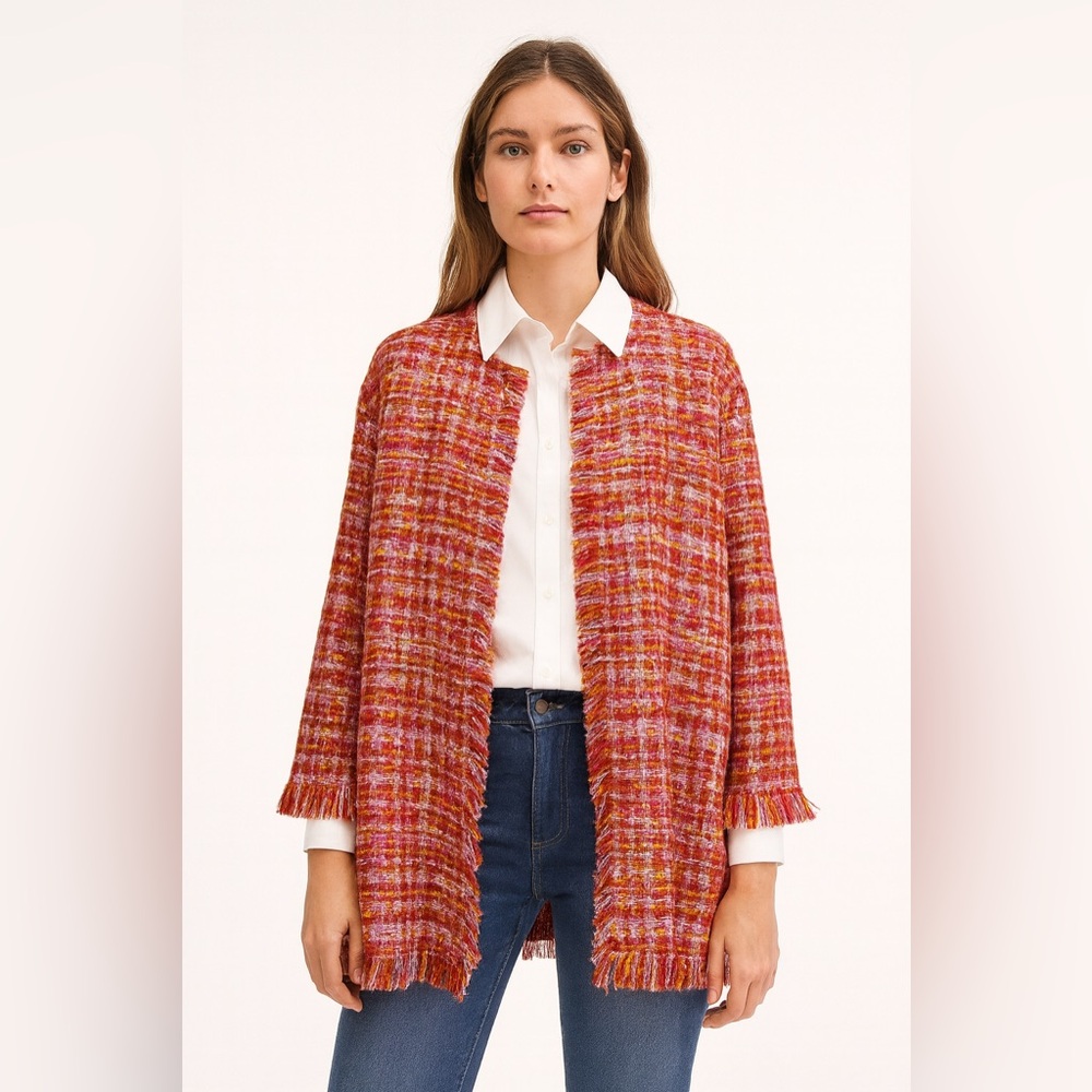 🧡✨ Vilagallo Multicolor Tweed Fringe Jacket Open Front Size 38 ✨🧡
